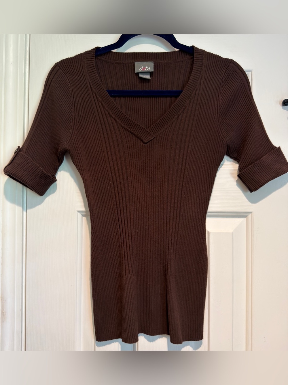 Vintage Women's Dots Ribbed V-neck Cuffed Elbow Sleeve Brown Blouse Size Large